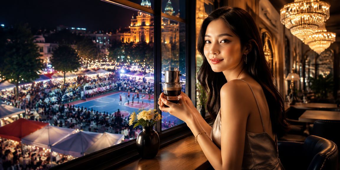 Người dùng tại Hà Nội xem thông tin khuyến mãi thể thao bóng rổ trên điện thoại bên tách cà phê buổi sáng