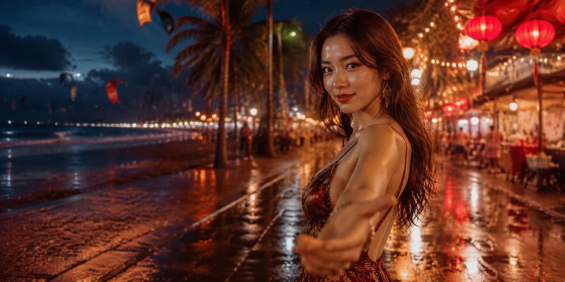 Chợ đêm rực rỡ tại Mũi Né với ánh đèn lung linh – không khí lễ hội và may mắn của người dùng xổ số Việt Nam